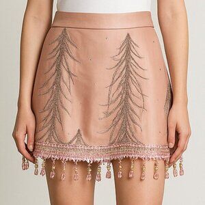Matthew Williamson Pink Feather Motifs Fringed Skirt Size 8 Small b53